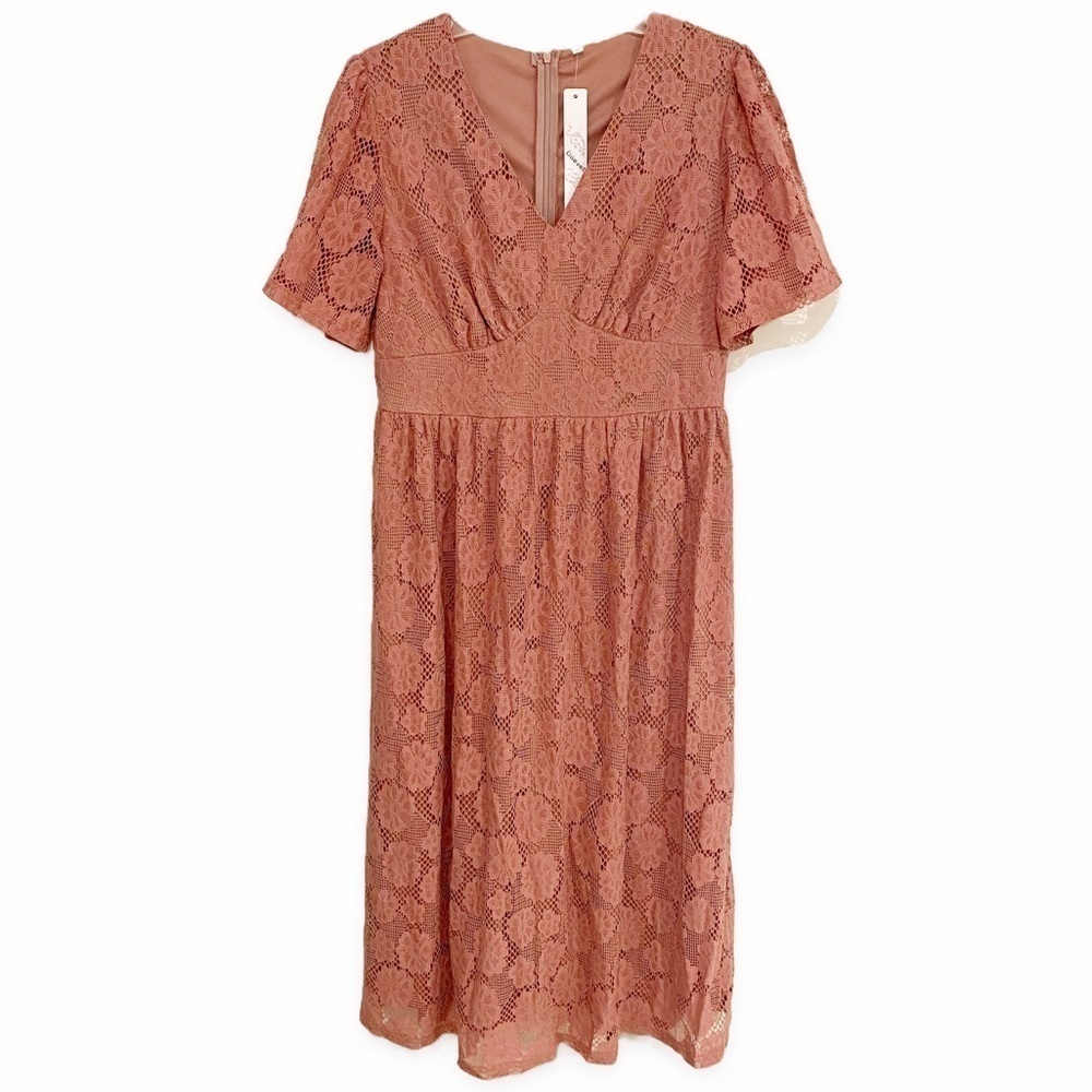 Gaovot | Floral Lace MIDI Dress V-Neck Pink Size Medium - Picture 3 of 7